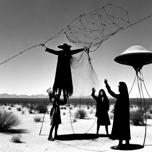 Prompt: Witches in the desert on the broomsticks in the air, trying to capture a UFO with nets