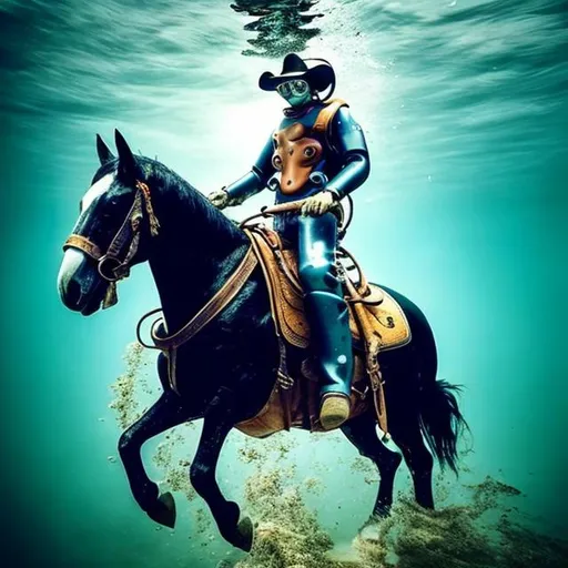 Prompt: A cowboy on this horse under the water, the horse has a scuba suit on