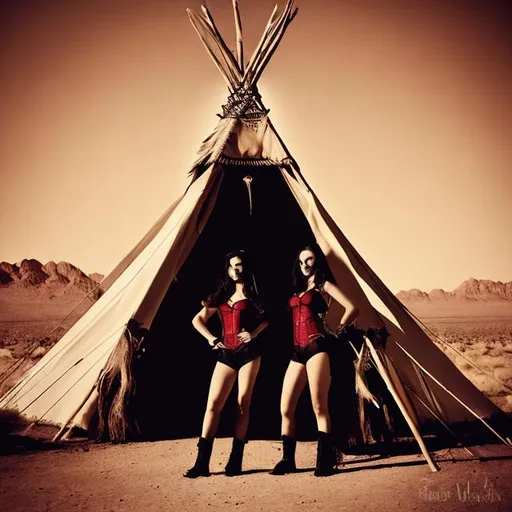 Prompt: Vampire women in front of a Teepee in the desert