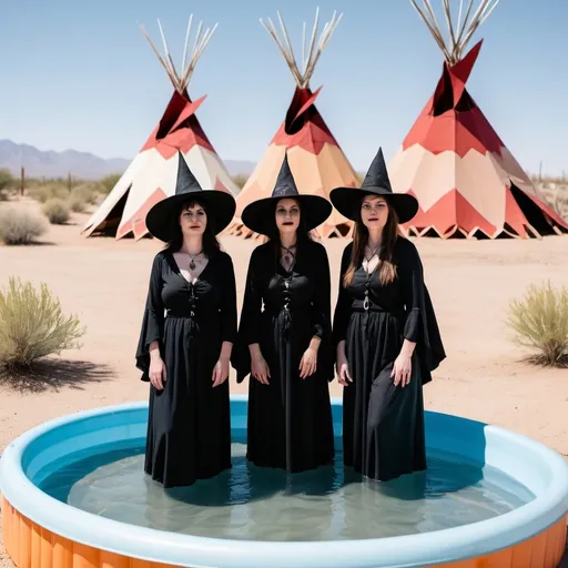 Prompt: Three witches in in the desert in front of teepees in a kiddie pool