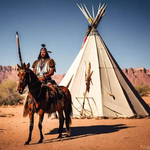 Prompt: Comanche warrior in the desert in front of Teepee