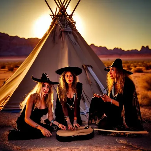 Prompt: Witches in front of a teepee in the desert playing guitar