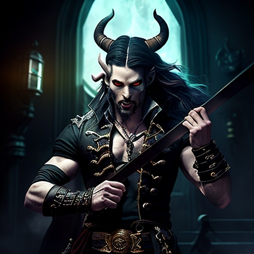 Prompt: Pale skinned, well-dressed, muscular Athletic male tiefling pirate with straight black horns, black eyes, and long hair, playing a lyre.