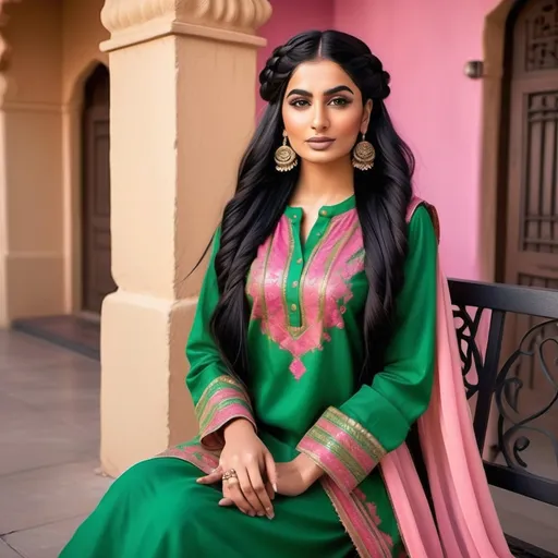 Prompt: Prompt: "Create a highly realistic female influencer with warm Indian skin tone, wearing a traditional Punjabi salwar kameez in vibrant colors such as pink or green, adorned with intricate phulkari embroidery. She has long, flowing black hair styled in a traditional Punjabi braid or with a dupatta. Her expression is warm and inviting, and the background is a soft, natural setting, such as a mustard field or a traditional Punjabi village during a golden sunset."