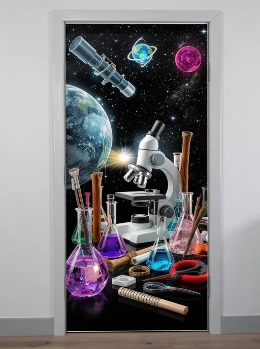 Prompt: a poster ment to be on a door, that has a 2d digital art of laboratory tools light microscope, telescope, and more