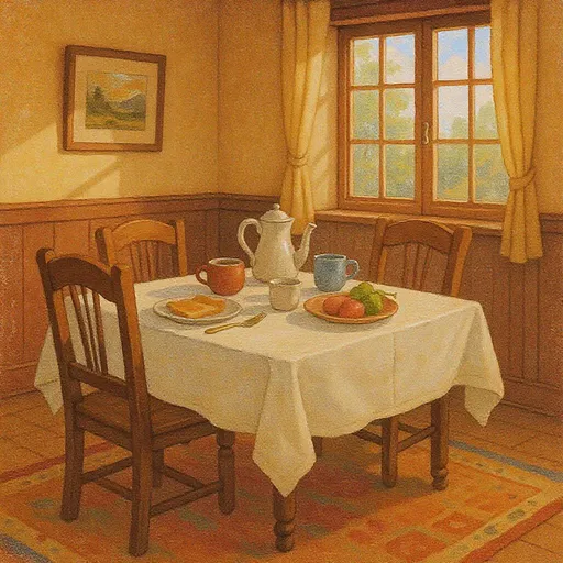 Prompt: Dibuja una mesa de desayunos tradicional estilo digital painting tonos cálidos y ambiente de mañana cálida 