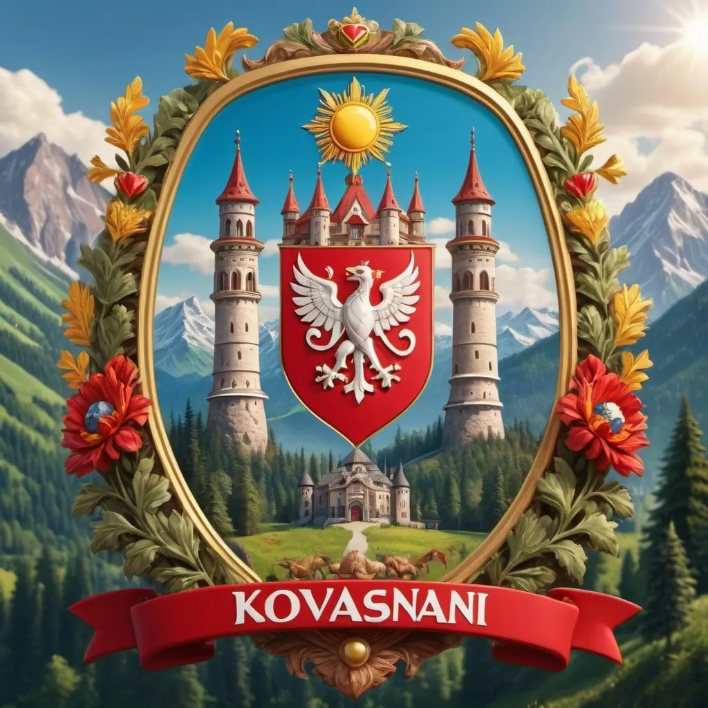 Prompt: Create a coat of arms for caravaning. Include a caravan, some mountains and threes, sun, heart and the name: KOVÁSZNAI