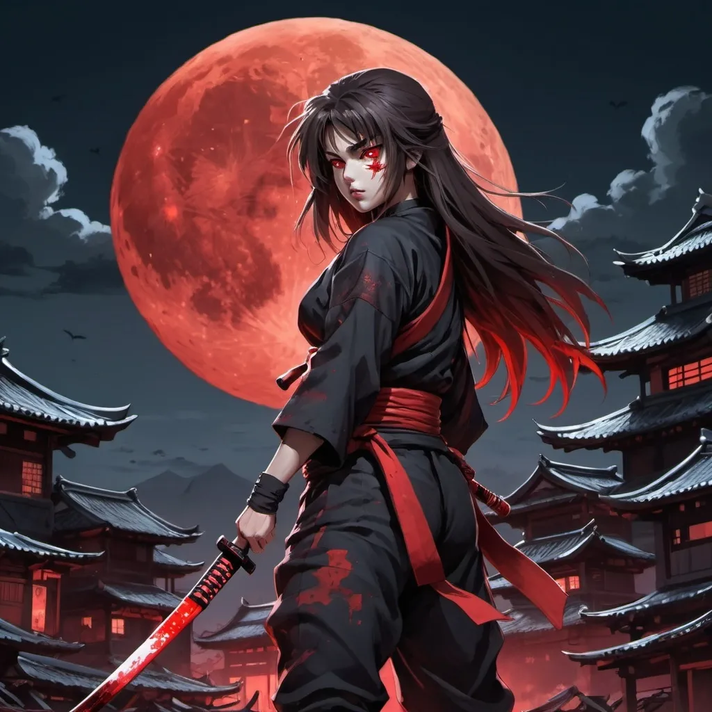 Prompt: "The scene features a red moonlit night with a background full of ruined houses. In the foreground stands a long-haired ninja girl with red eyes, holding a bloody katana in one hand."
