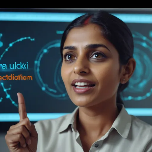 Prompt: <<THE_MARKER>> An Indian woman enthusiastically explaining the importance of training in Artificial Intelligence for mastering tomorrow's professions, dynamic classroom setting, bright and inspiring atmosphere, engaging facial expression, colorful presentation materials around her, soft warm lighting, high detail, 4K quality, embodying a hopeful and informative narrative, modern educational themes.