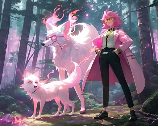 Prompt: Young girl with pink hair casting magical fire, wearing circle glasses and jacket suit, accompanied by a white fox pet, set in a lush forest, high quality, detailed, anime, magical, forest setting, pink hair, circle glasses, magical fire, jacket suit, white fox pet, vibrant natural colors, enchanted lighting, full body