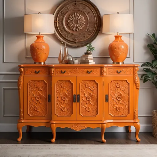 Prompt: Embossed floral pattern sideboard, tangerine color, high-quality, intricate details, vintage, elegant, warm lighting, floral accents, luxurious furniture, glossy finish, artistic, professional, tangerine, embossed design, rich color, vintage-inspired, warm and inviting, highres, detailed craftsmanship