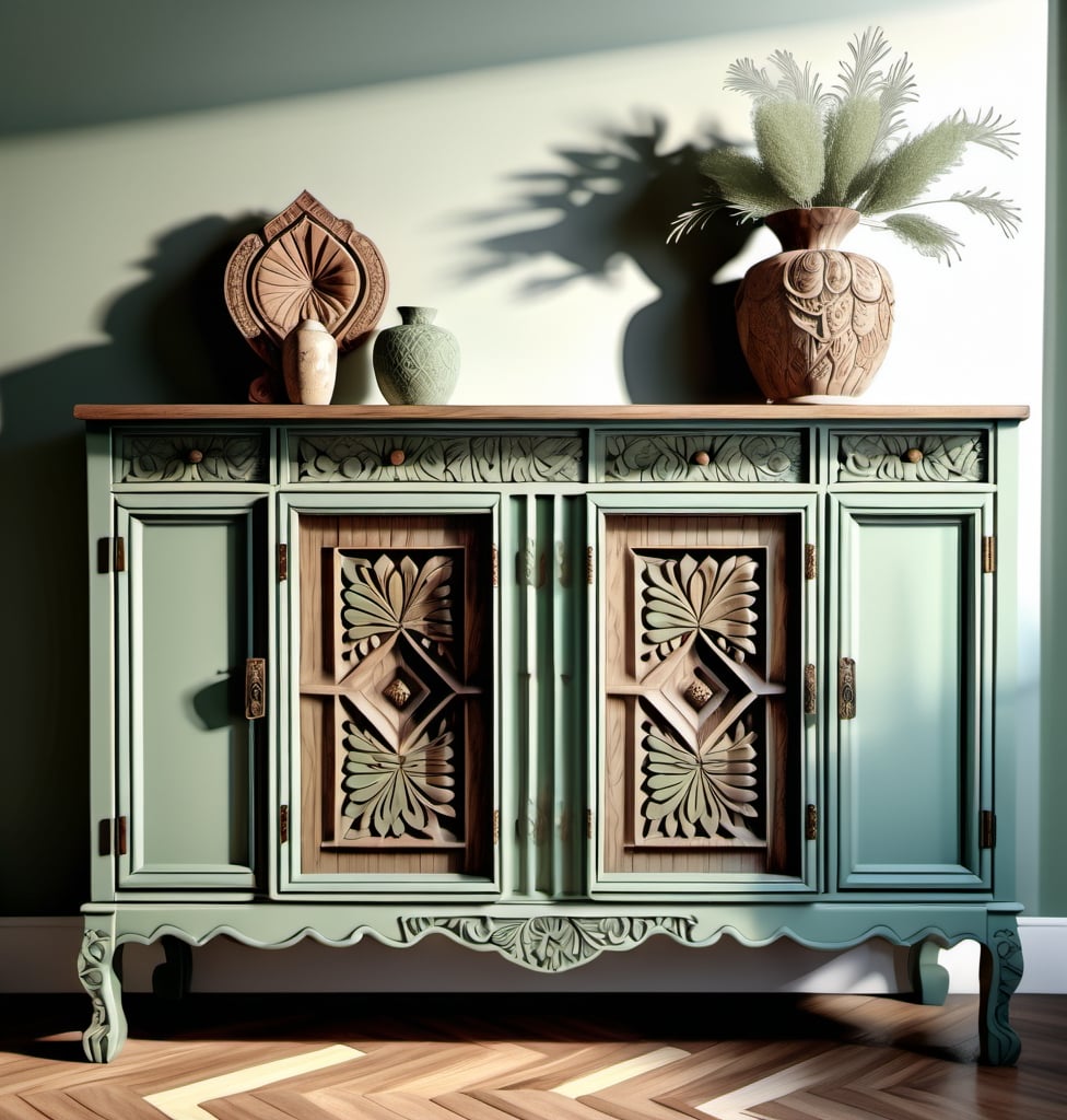 Prompt: Carved wooden sideboard in muted sage green tones, intricate details, professional digital illustration, high quality, detailed carving, muted colors, natural lighting