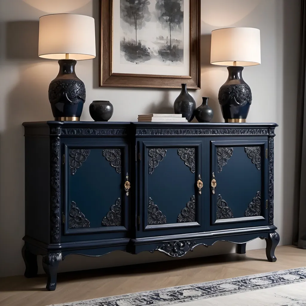 Prompt: sideboard very sophisticated , little carving details on doors and drawers midnight blue color 