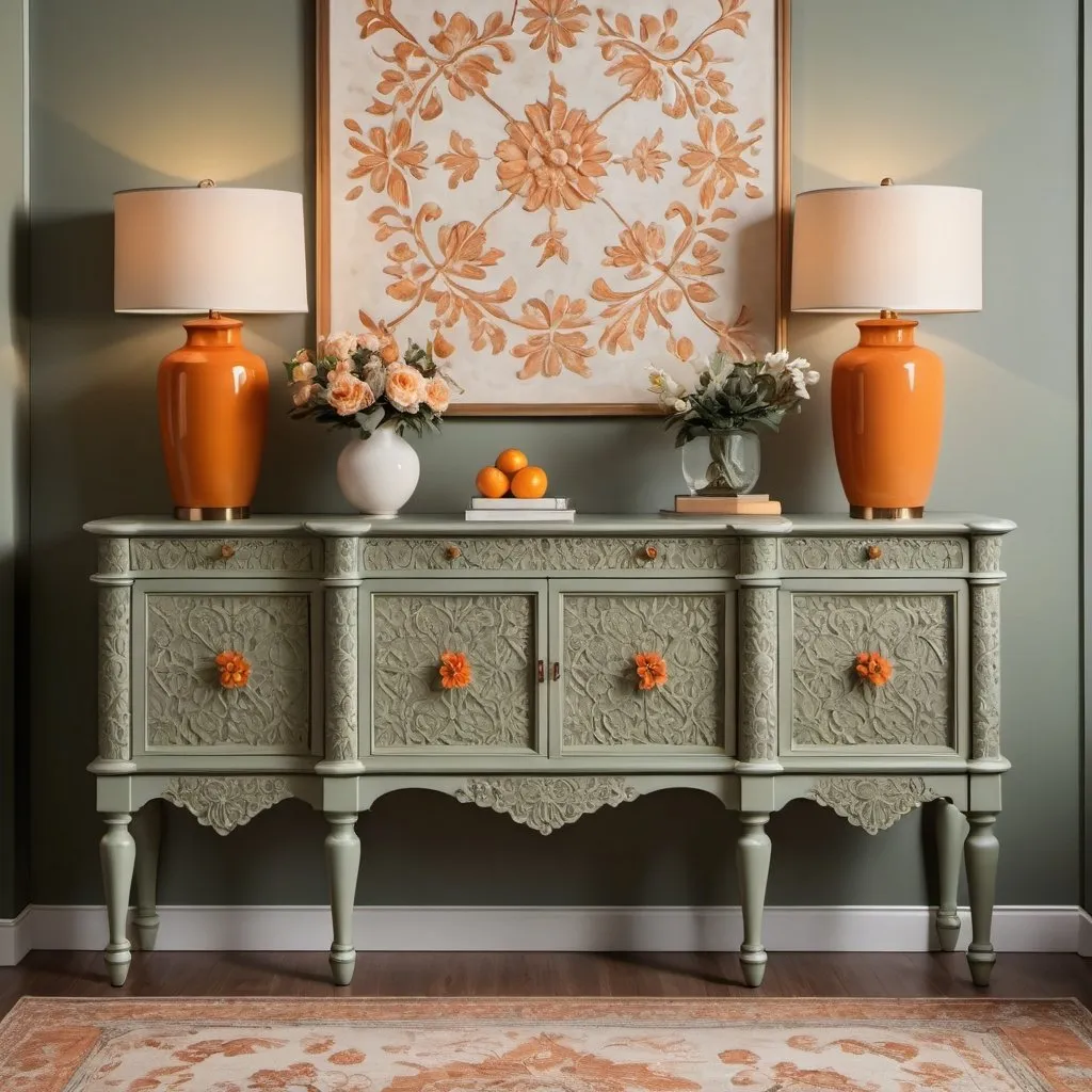 Prompt: Embossed floral pattern sideboard, sage color  color, high-quality, intricate details, vintage, elegant, warm lighting, floral accents, luxurious furniture, matte finish, artistic, professional, tangerine, embossed design, rich color, vintage-inspired, warm and inviting, highres, detailed craftsmanship