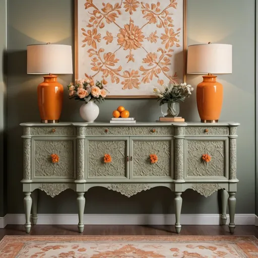 Prompt: Embossed floral pattern sideboard, sage color  color, high-quality, intricate details, vintage, elegant, warm lighting, floral accents, luxurious furniture, matte finish, artistic, professional, tangerine, embossed design, rich color, vintage-inspired, warm and inviting, highres, detailed craftsmanship