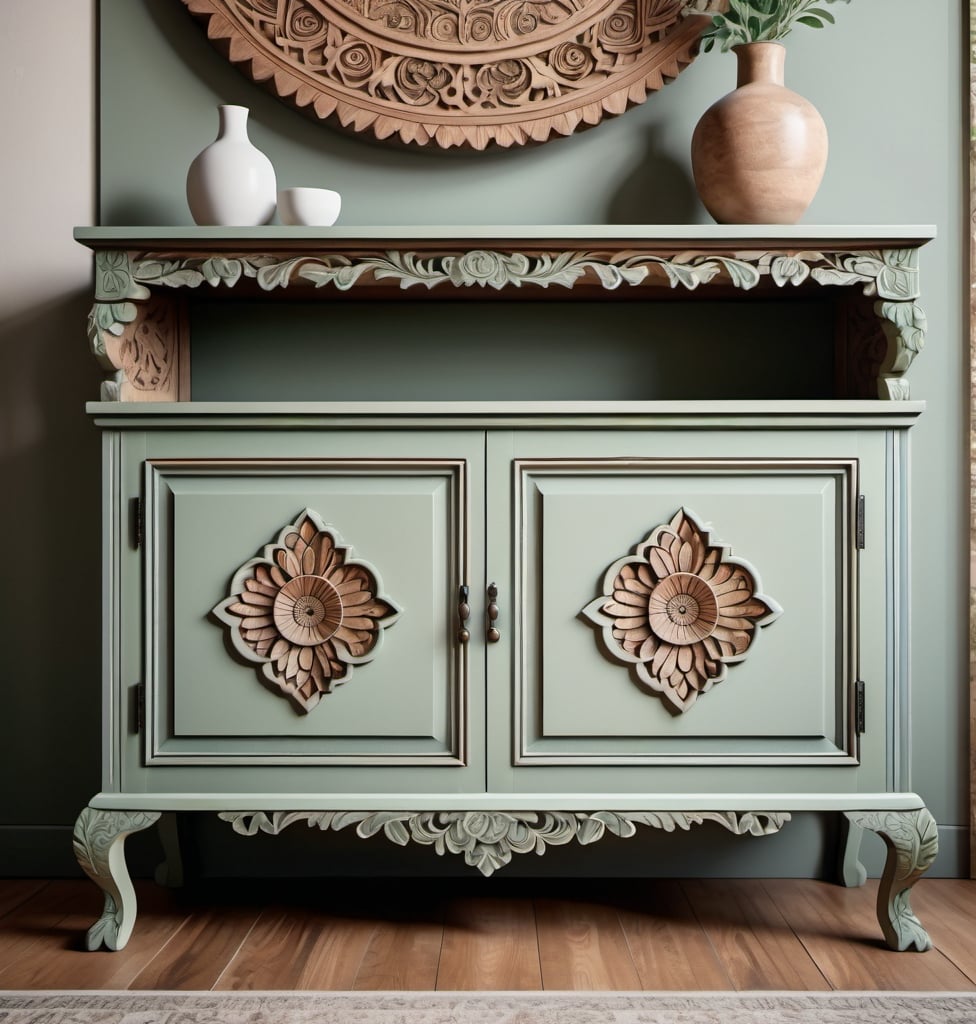 Prompt: Carved wooden sideboard in muted sage green tones, intricate details, professional digital illustration, high quality, detailed carving, muted colors, natural lighting