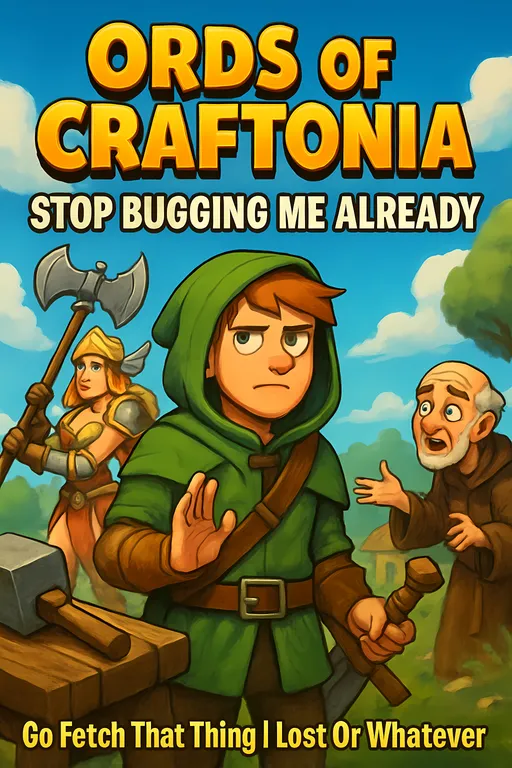 Prompt: Generate an illustrated cover to a random choice of crafting fantasy rpg video game from one or more of the more popular examples, but don't always use the most obvious example. Make the name of the game a funny and/or sarcastic play on the name of the chosen game or games and display it at the top in 3d or shadowed bold text.  Below the game name include a appropriate funny and highly sarcastic sub-title in big bold text that specifically pokes fun of the common crafting fantasy rpg video game tropes, such as tedious inventory management or wimpy hero classes or boring fetch quests or skimpy female armor or lame npcs to name a few possible choices, related to the choice of game or games. At the bottom, display a sarcastic tagline to match the chosen trope. If choosing more than one game to get tropes from and develop the illustration with, keep them both in the same crafting fantasy genre. The illustration should specifically relate to the chosen crafting fantasy rpg video game title. Colorful.