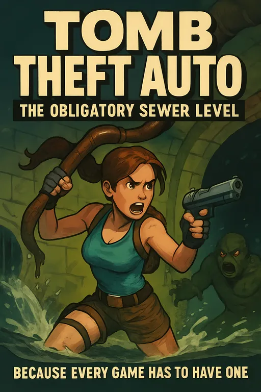 Prompt: Generate an illustrated cover to a random choice of a typical  action-adventure video game such as Lara Croft or Grand Theft Auto or Resident Evil or Bioshock among other choices along with a matching funny and highly sarcastic title in big bold text that specifically pokes fun of a random choice of one or two of the common action-adventure video game tropes and include a tagline. Also, make the name of the game a funny riff on or portmanteau of one or more of the most popular action-adventure video game titles.  The illustration should specifically relate to the chosen action-adventure video game title trope. Colorful.