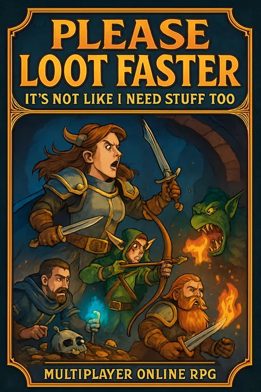 Prompt: Generate an illustrated cover to a typical multiplayer online rpg video game such as world of warcraft along with a matching funny and highly sarcastic title in big bold text that specifically pokes fun of a random choice of one of the common multiplayer online rpg video game tropes and include a tagline. The illustration should specifically relate to the chosen multiplayer online rpg video game title trope. Colorful.