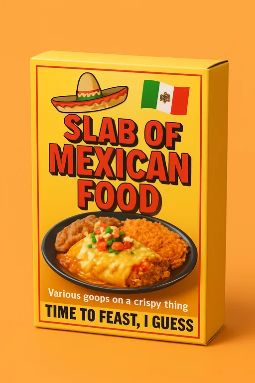 Prompt: Generate a photorealistic image of a 3d product packaging box with a picture of a random tex-mex restaurant food and a Sombrero and a flag of Mexico on it and a hilariously sarcastic product name in bold 3d text printed on the box and a funny and related sub-title and tagline both printed on the box. Product box is on a single color surface and background. 