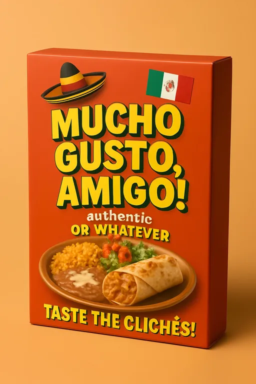 Prompt: Generate a photorealistic image of a 3d product packaging box with a picture of a random tex-mex restaurant food and a Sombrero and a flag of Mexico on it and a hilariously sarcastic product name in bold 3d text printed on the box and a funny and related sub-title and tagline both printed on the box. Product box is on a single color surface and background. 