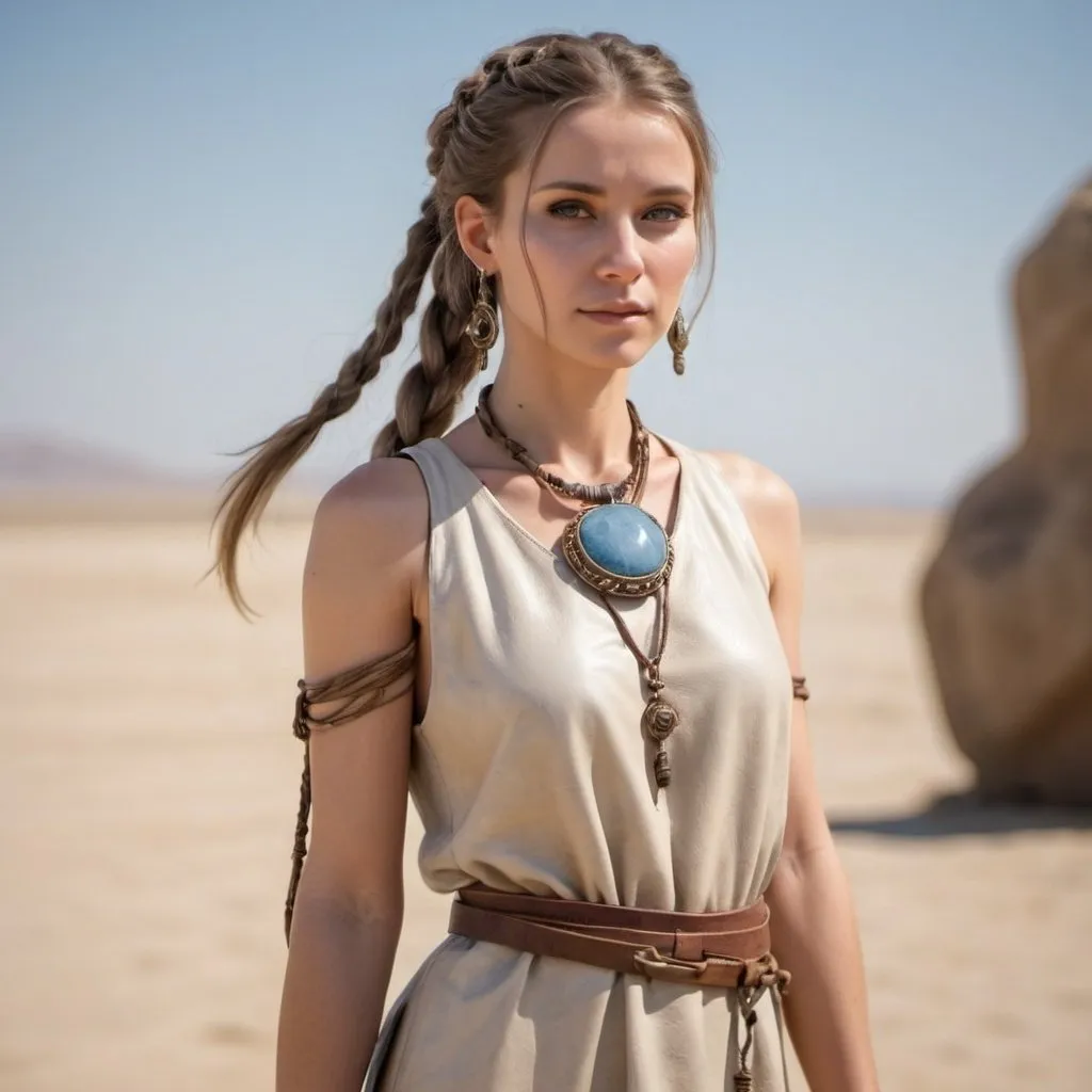 Prompt: Pretty statuesque female. Shoulder-length hair. Dressed in light-colored leather tunic. A single leather-strung amulet around the neck with a crystals blue stone. No other jewelry. No earrings. Sandals on feet. Hair tied back in a single ponytail.