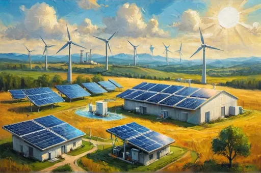 Prompt: “A schematic technical illustration showing renewable energy sources (wind turbines, solar panels and a hydro) integrated with battery storage and a hydrogen electrolysis plant. 
