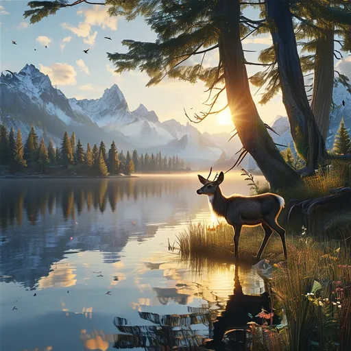 Prompt: A peaceful scene at the edge of a lake, at sunrise. The golden light of the morning reflects on the calm water, creating subtle plays of light and perfect reflections. In the distance, majestic mountains rise, their peaks covered in snow. On the shore, ancient and imposing trees with rough trunks and twisted roots surround the lake. Fine grasses and wildflowers cover the ground, adding touches of color to the scene. A majestic deer, with detailed and realistic fur, stands near the water, drinking peacefully. Every detail of its body is visible, from its powerful legs to its delicate antlers catching the morning light. Birds fly in the blue sky, and a light breeze ripples the water. The scene is serene and peaceful, filled with natural details and soft lighting that creates a warm and realistic ambiance.