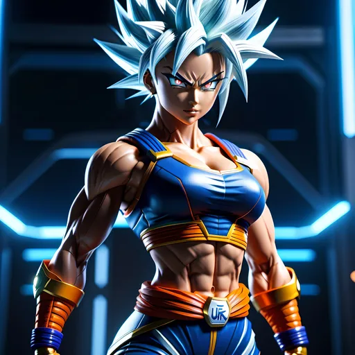 Prompt: Highly detailed 4k UHD anime illustration of a powerful female Saiyan Ikari, unreal engine 5 resolution, muscular slim tone with abs, perfect autonomy body shape, full body view, intense and determined gaze, detailed eyes, dynamic stance, anime, sci-fi, cool tones, detailed muscles, sleek design, professional, atmospheric lighting