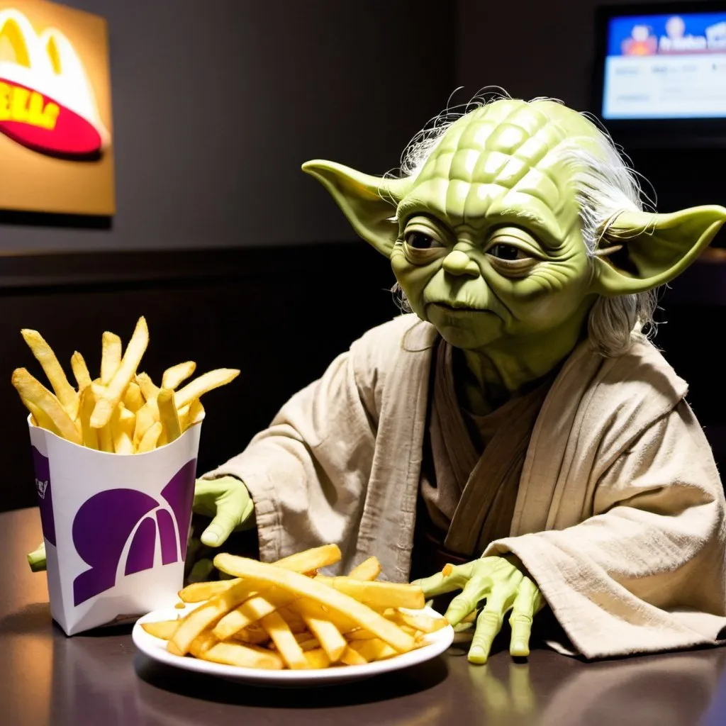 Prompt: Yoda and Jesus at Taco Bell with McDonalds French Fries

 