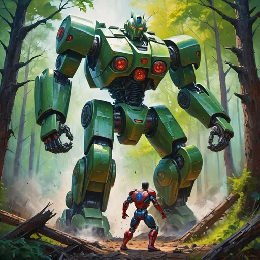 Prompt: (superhero fighting a giant mech robot), (oil painting), vibrant colors, modern look, dramatic lighting, lush green forest background, epic battle scene, intense expressions, dynamic movement, highly detailed, high-energy ambiance, showcasing strength and resilience, trees swaying, mechanized details of the robot, striking visual contrast, ultra-detailed, cinematic atmosphere.