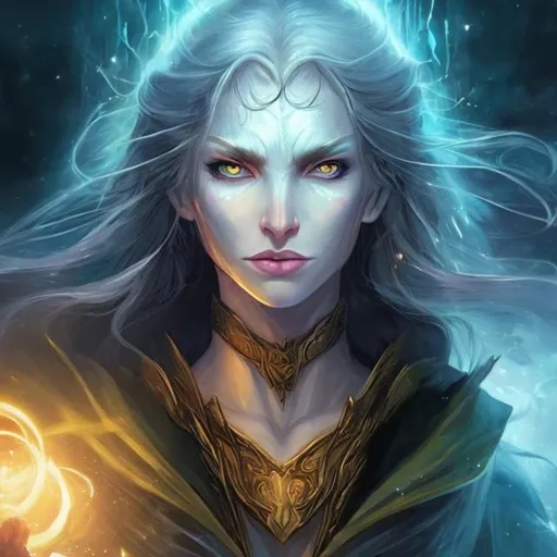 Prompt: beautiful portrait of a female sorcerer from heroic fantasy univers using her power. She has thin lips and big yellow eyes. she has pale blue skin and black hairs.