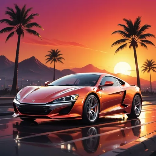 Prompt: (car), sleek modern design, polished chrome body, dynamic and sporty shape, set against a vibrant sunset background, warm glowing colors reflecting off the car's surface, high detailed beautifully rendered imagery, (4K resolution), capturing a sense of speed and freedom, urban landscape or highway in the distance, crisp and clear atmosphere.