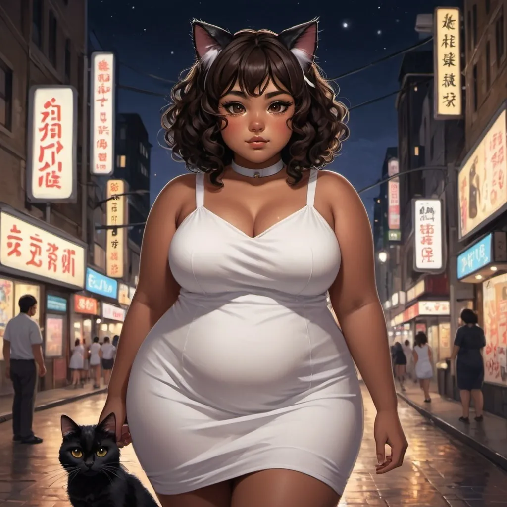 Prompt: anime painting, semi-realism, semi-realistic, woman brown skin, dark brown eyes, round face, chubby face, she has black cat ears and black cat tail, black curly hair, chubby body, plus size, plump body, wearing a simple white dress, city at night full of neonsigns background,