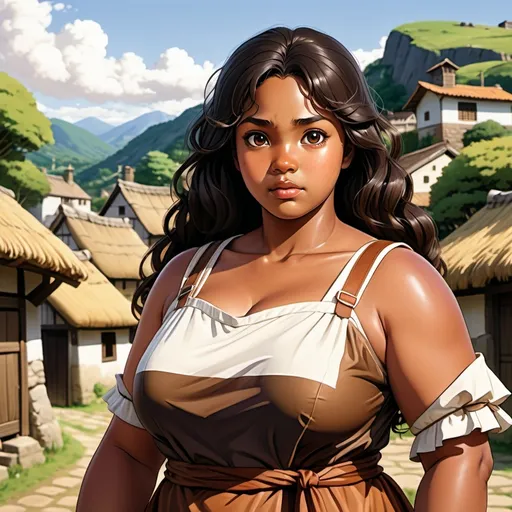 Prompt: anime painting, anime semi-realism, woman brown skin, brown skin, dark brown eyes, dark eyes, round face, BLACK hair, wavy hair, chubby body, plus size, wearing bronze age clothing, bronze age village in background,