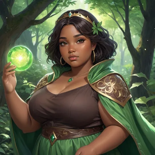 Prompt: anime painting, semi-realism, woman brown skin, dark brown eyes, round face, fantasy mage clothes, black hair, chubby body, plus size, princess royalty, nature magic, green magic,