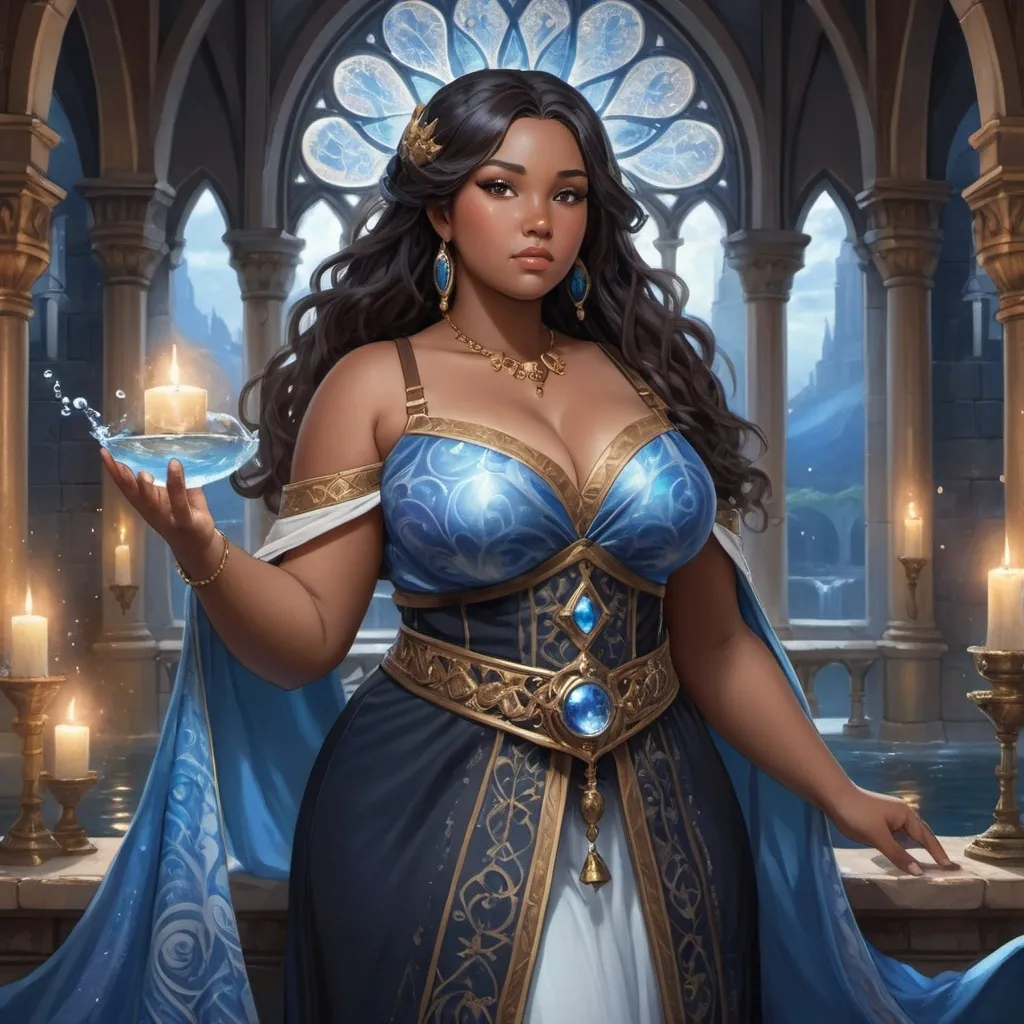 Prompt: anime painting, semi-realism, woman brown skin, dark brown eyes, round face, fantasy mage clothes, black hair, chubby body, plus size, water magic, blue magic, princess, queen, royalty, standing inside castle,