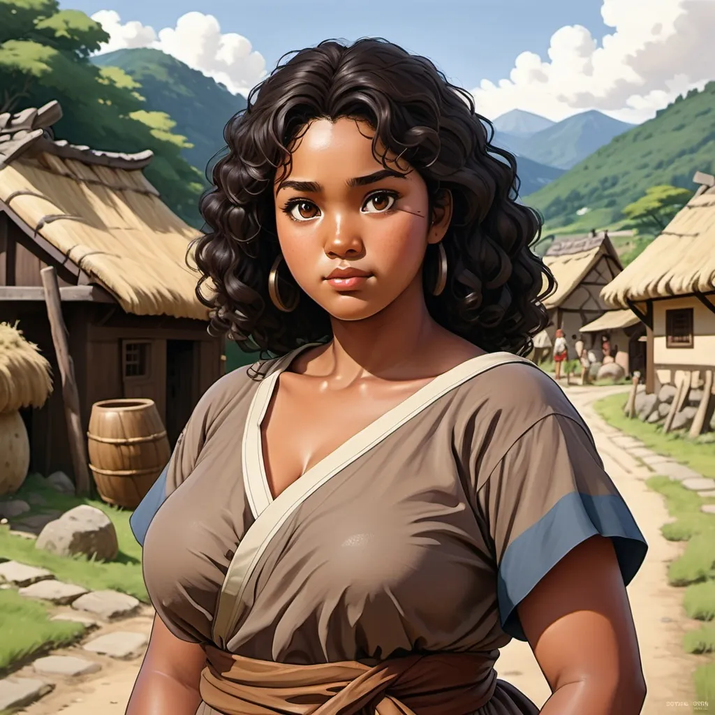 Prompt: anime painting, semi-realism, woman brown skin, dark brown eyes, dark eyes, round face, black hair, black curly hair, chubby body, plus size, wearing bronze age clothing, bronze age village in background,