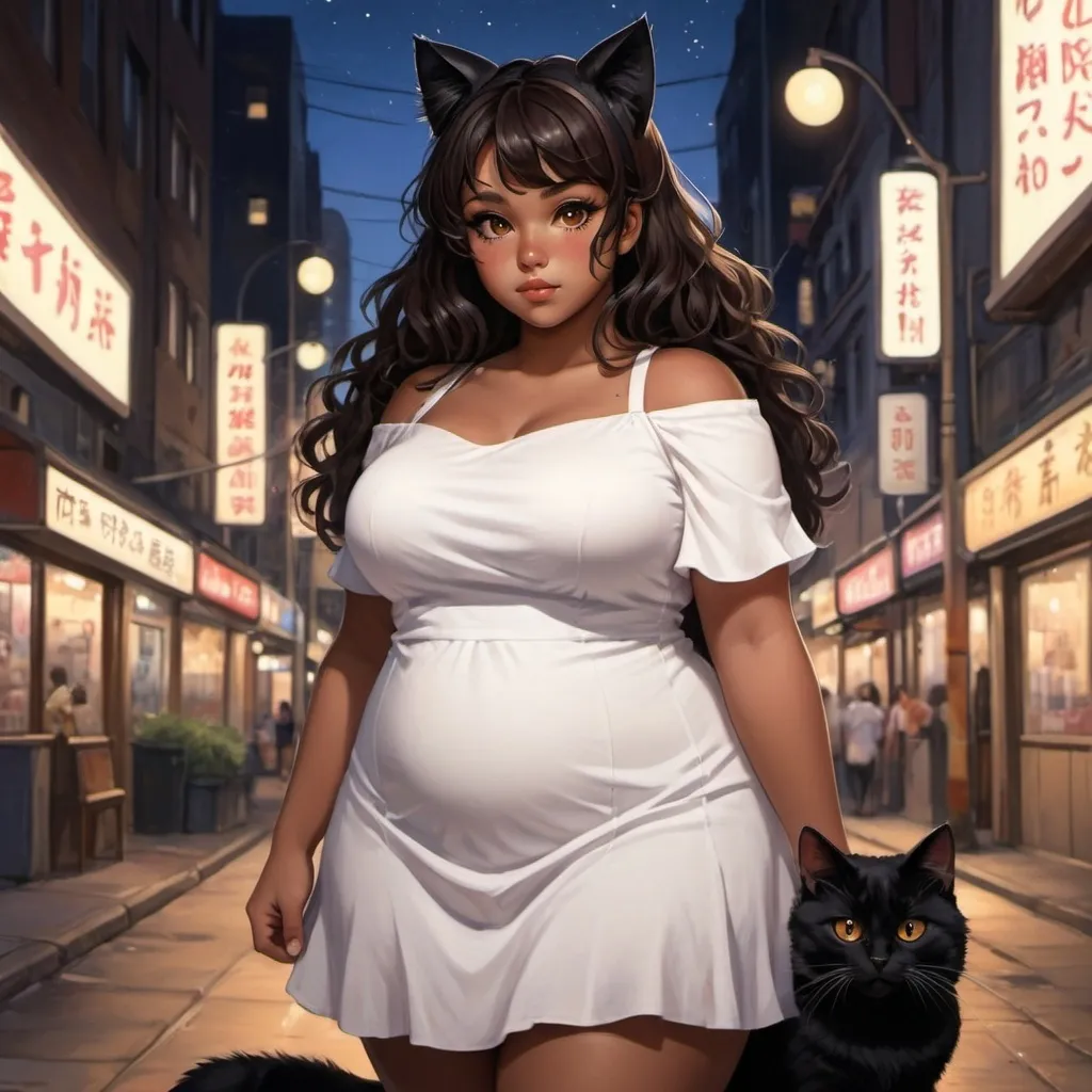 Prompt: anime painting, semi-realism, semi-realistic, woman brown skin, dark brown eyes, round face, chubby face, she has black cat ears and black cat tail, black curly hair, chubby body, plus size, plump body, wearing a simple white dress, city at night full of neonsigns background,