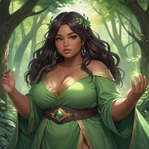 Prompt: anime painting, semi-realism, woman brown skin, dark brown eyes, round face, fantasy mage clothes, black hair, chubby body, plus size, princess royalty, nature magic, green magic,