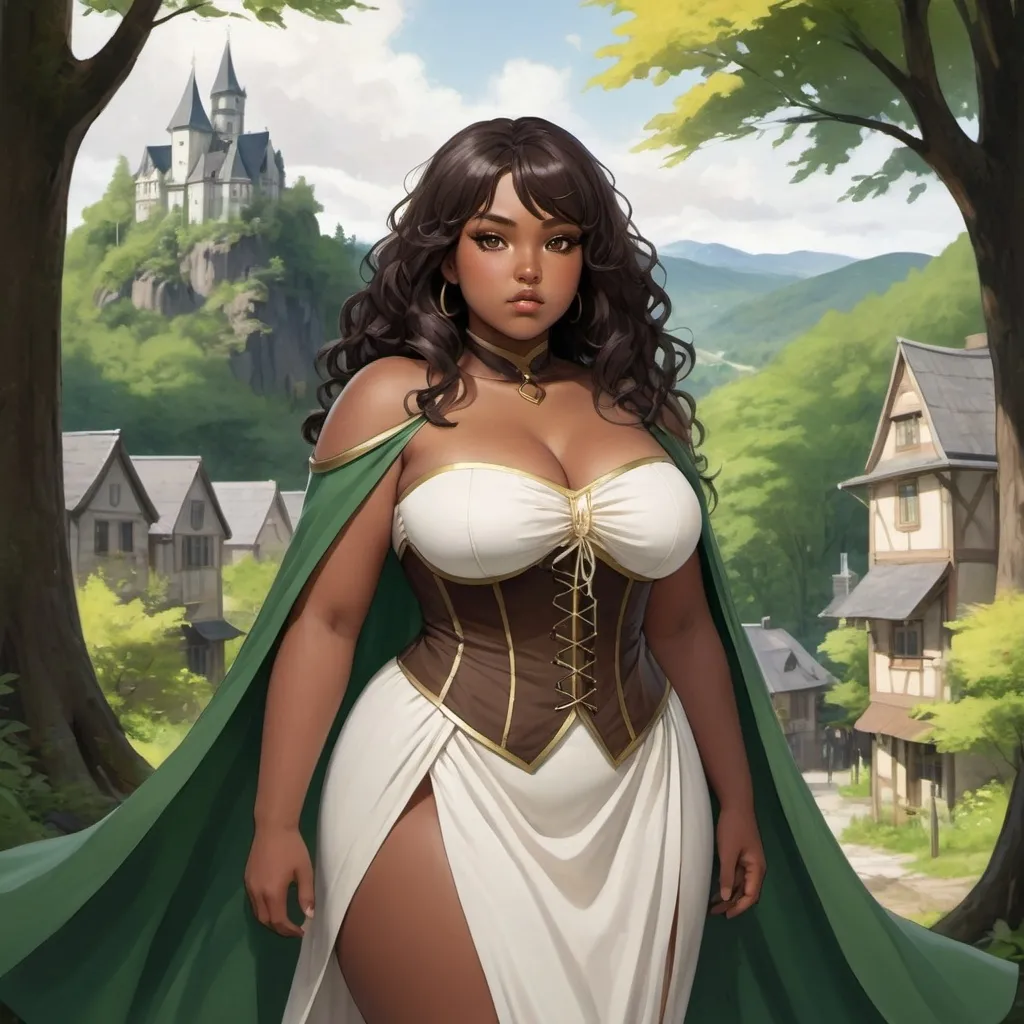 Prompt: anime painting, semi-realism, mage, woman brown skin, dark skin, dark brown eyes, round face, green gold cape long white dress with brown corset fantasy clothes, pitch black hair, curly black hair, chubby body, plus size body, plump body, round face, chubby face, standing in forest with town in background,