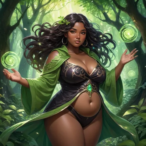 Prompt: anime painting, semi-realism, woman brown skin, dark brown eyes, round face, fantasy mage clothes, black hair, chubby body, plus size, nature magic, green magic,