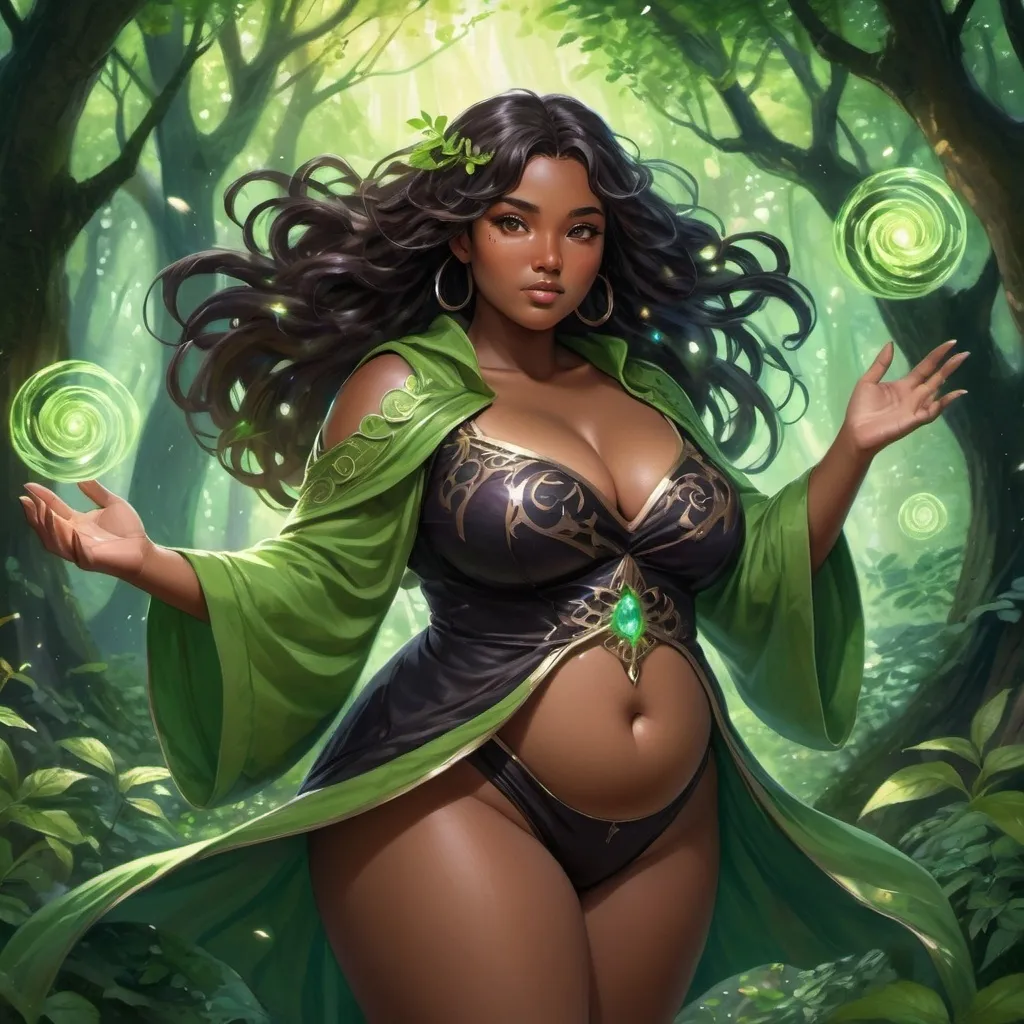 Prompt: anime painting, semi-realism, woman brown skin, dark brown eyes, round face, fantasy mage clothes, black hair, chubby body, plus size, nature magic, green magic,