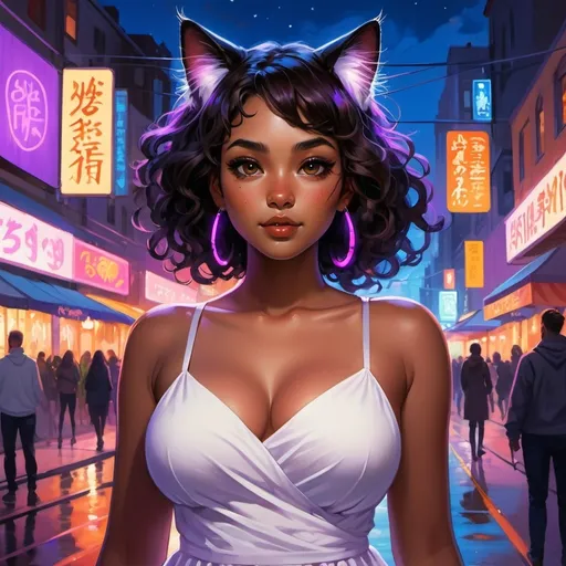 Prompt: (semi-realistic anime painting), woman with (brown skin), (dark brown eyes), (round face), (black cat ears), (black cat tail), (black curly hair), (plus size), (wearing a simple white dress), set in a vibrant, neon-lit city at night, with (colorful glowing signs), deep blues and purples contrasting with warm neon hues, capturing a whimsical yet cozy ambiance, ultra-detailed, enchanting atmosphere, semi-realism.