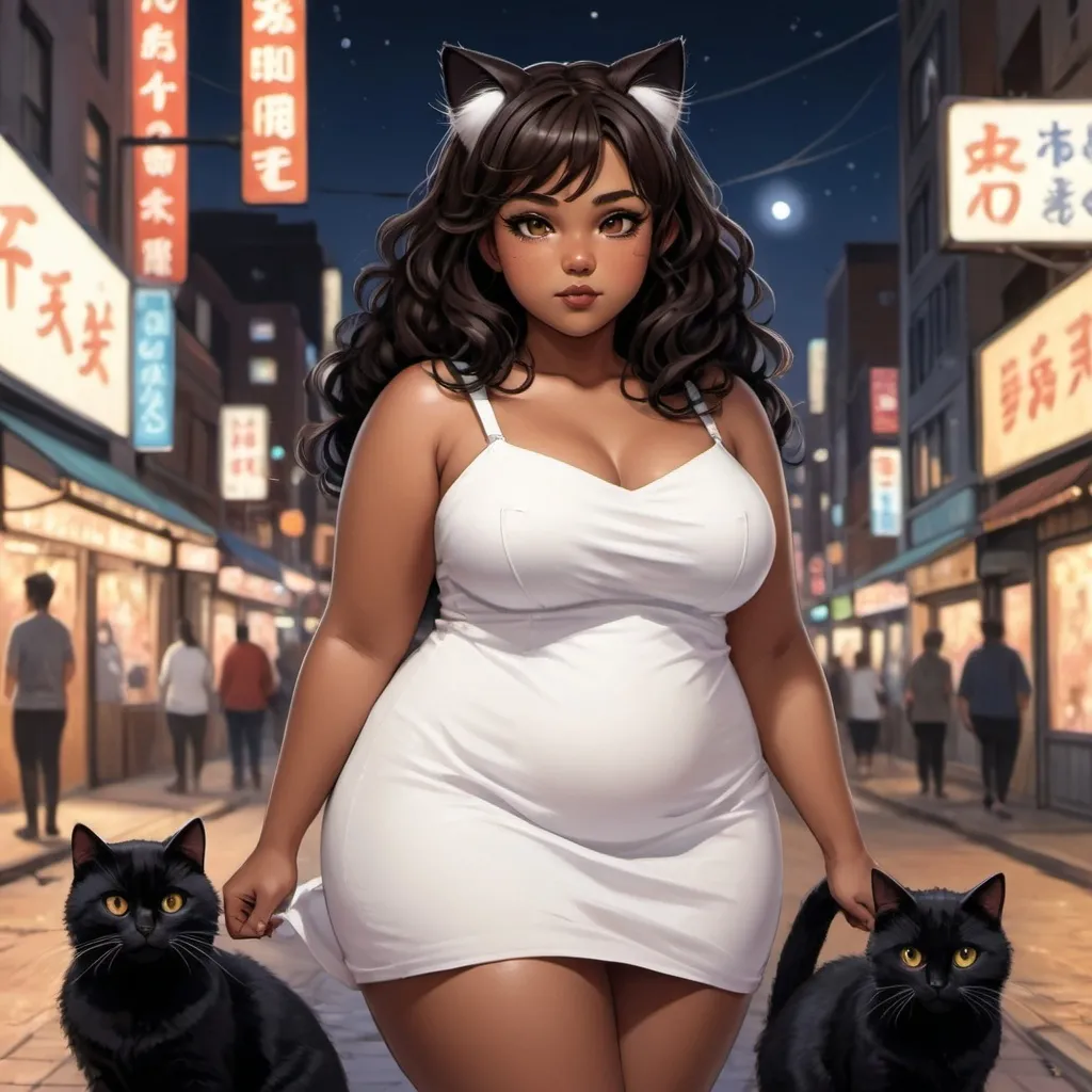 Prompt: anime painting, semi-realism, semi-realistic, woman brown skin, dark brown eyes, round face, chubby face, she has black cat ears and black cat tail, black curly hair, chubby body, plus size, plump body, wearing a simple white dress, city at night full of neonsigns background,