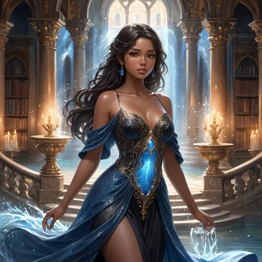 Prompt: anime painting, semi-realism, anime, woman brown skin, dark brown eyes, round face, fantasy mage clothes dress, black hair, chubby body, plus size, water magic, blue magic, princess, royalty, standing inside castle,