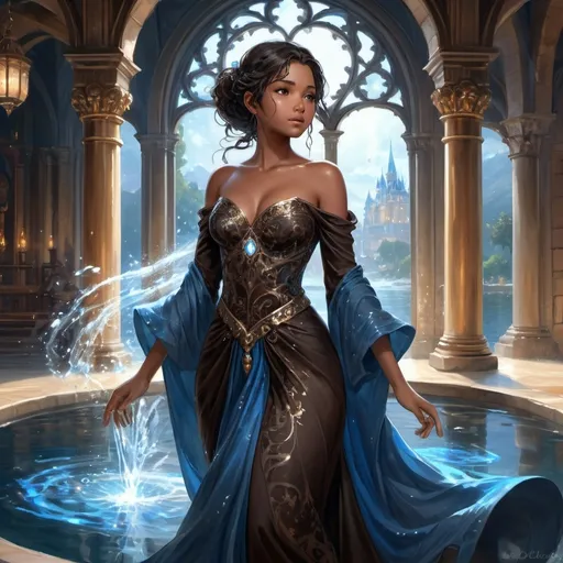 Prompt: anime painting, semi-realism, anime, woman brown skin, dark brown eyes, round face, fantasy mage clothes dress, black hair, chubby body, plus size, water magic, blue magic, princess, royalty, standing inside castle,