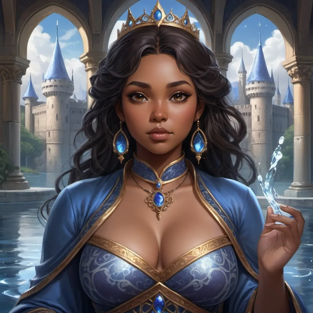 Prompt: anime painting, semi-realism, woman brown skin, dark brown eyes, round face, fantasy mage clothes, black hair, chubby body, plus size, water magic, blue magic, princess, queen, royalty, standing inside castle,