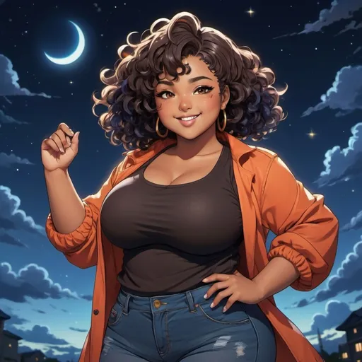 Prompt: (shonen anime character), brown skin, curvy body, chubby body, (vibrant colors), curly black hair hair, accentuated facial features expressing determination, smile, stylish outfit highlighting curves, night sky background, surrounded by magical elements, (highly detailed), (bold outlines), high-quality anime art style, reflecting an empowering and adventurous atmosphere.