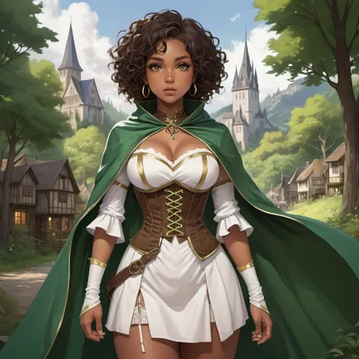 Prompt: anime painting, semi-realism, mage, woman brown skin, dark brown eyes, round face, green gold cape white dress with brown corset fantasy clothes, pitch black curly hair, chubby body, plus size, magic in hand, magical, standing in forest with town in background,